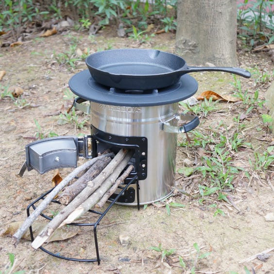 Four à fusée BBQ avec poêle en fonte grill acier noir camping +sac de  transport
