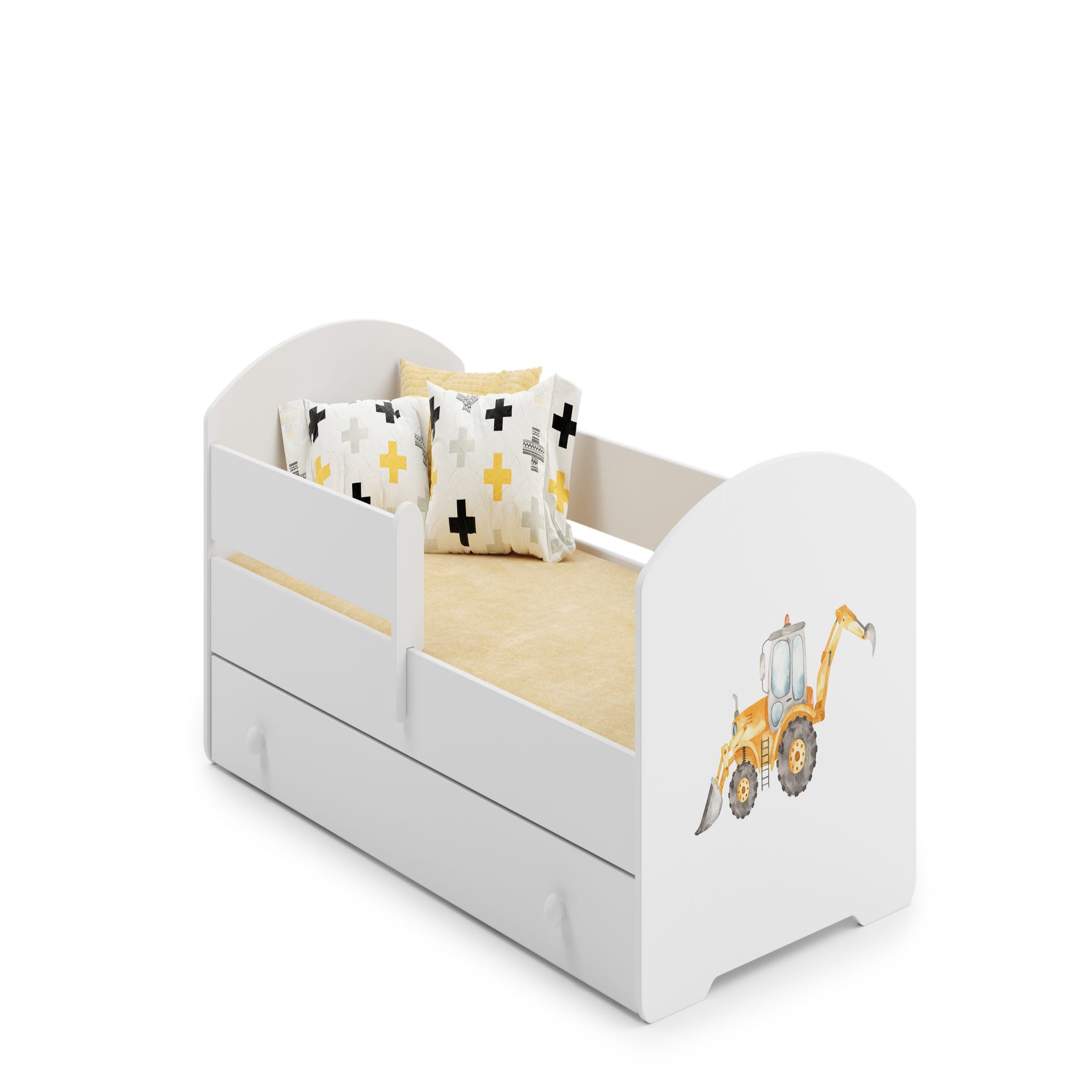 Luk - letto singolo 160x80 con grafica per bambini, in un set con cassetto,  ringhiera, materasso e telaio