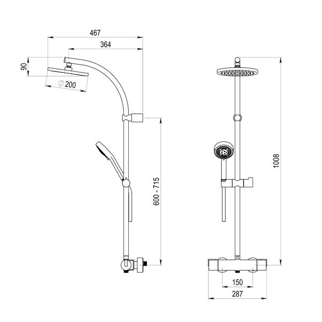 Grifo ducha termostática con columna Pysa rociador 200 mm latón, flexo pvc  y maneral pysa 5 funciones cromo
