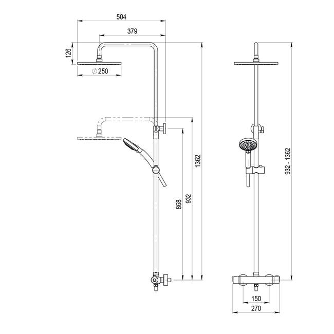 Grifo ducha termostática con columna Pysa rociador abs 200 mm abs, flexo  inox y maneral pysa 5 funciones cromo