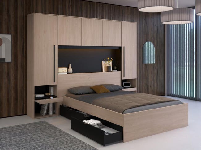 Lit pont 140 x 190 cm avec rangements - Avec LEDs - Coloris : Naturel
