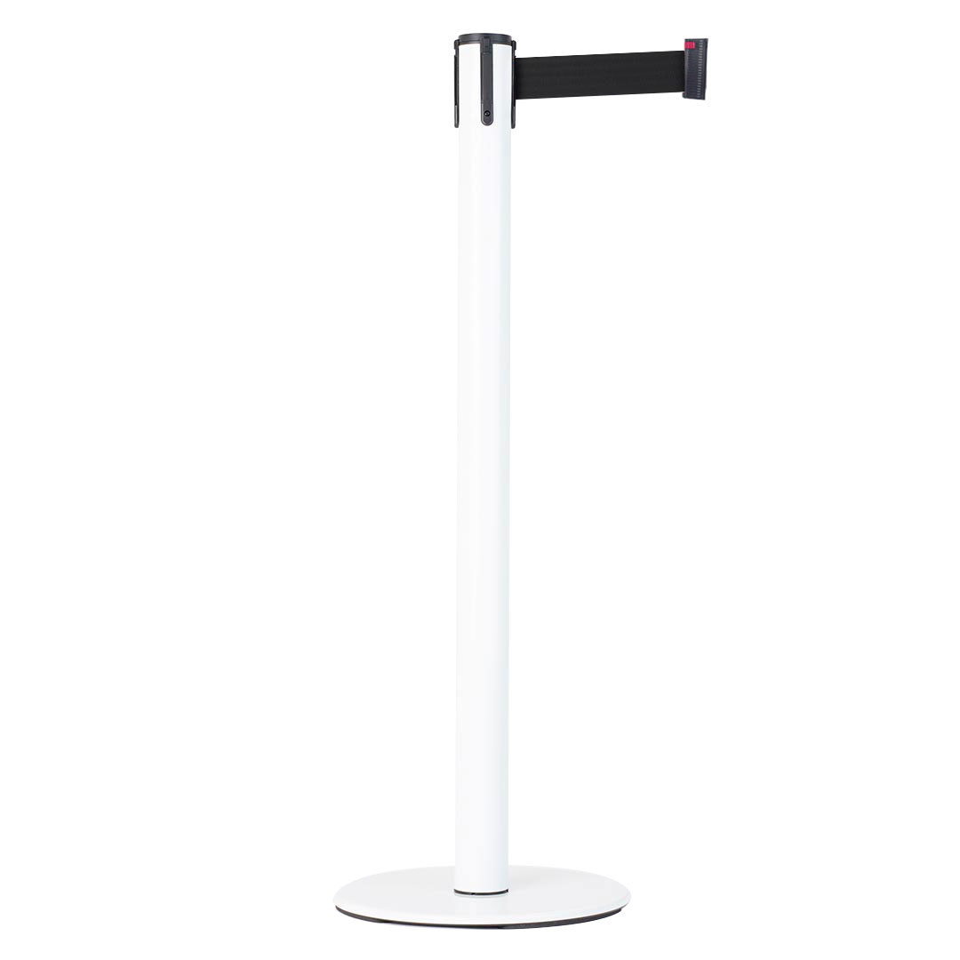 Danieli store | poste separador blanco con cinta extensible hasta 3 mt | base plana y cinta negra 3 mt