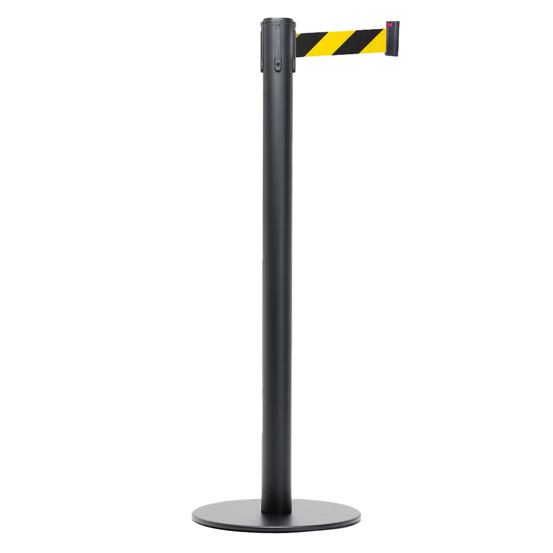 Danieli store | poste separador negro con cinta extensible hasta 3 mt | base plana y cinta amarilla/negra 3 mt