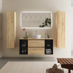 Mueble de baño bequia plus 120 cm 2 cajones blanco mate y 2 coquetas laterales 2 huecos roble con lavabo sobre encimera