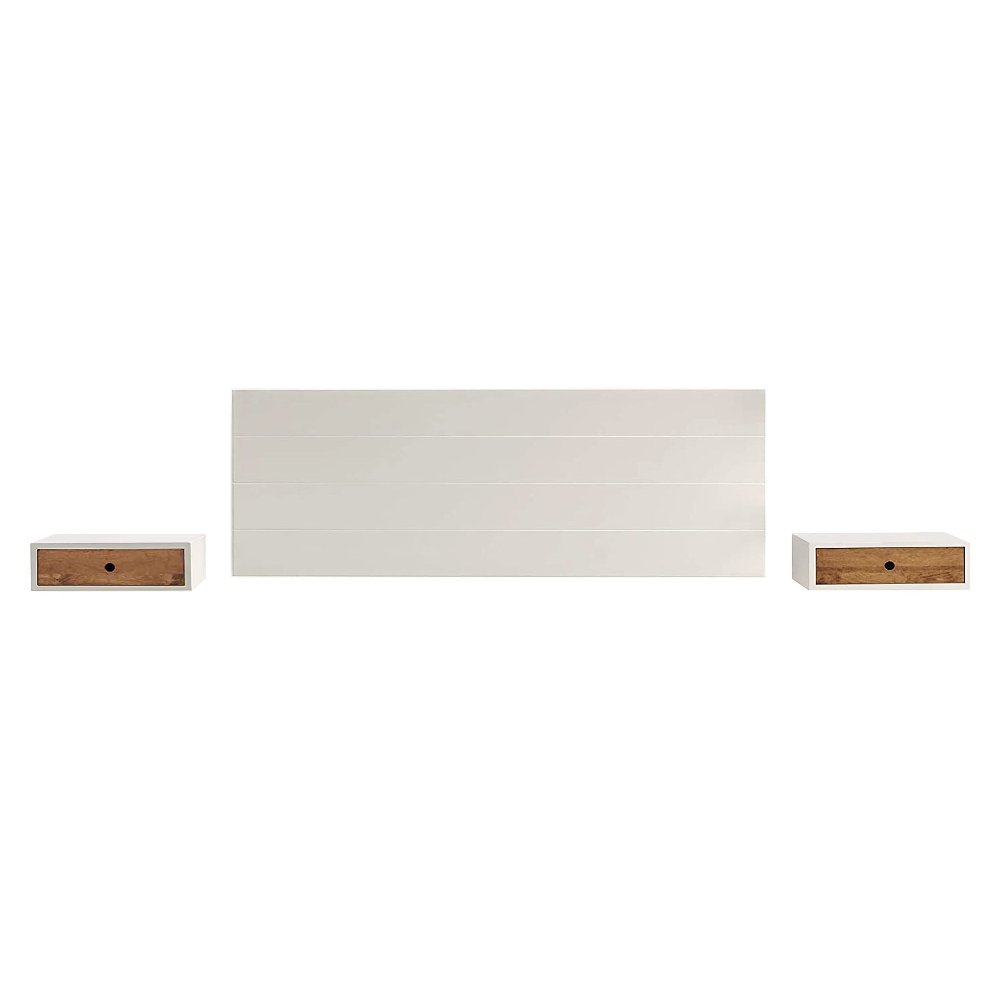 Cabecero madera natural + 2 mesitas flotantes color blanco, Frente cajon  madera maciza natural