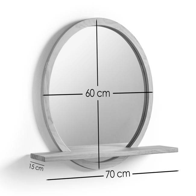 TURIN, Espejo de Pared Redondo con Estante de Madera, Medida: Diámetro de  60 cm, Color Blanco