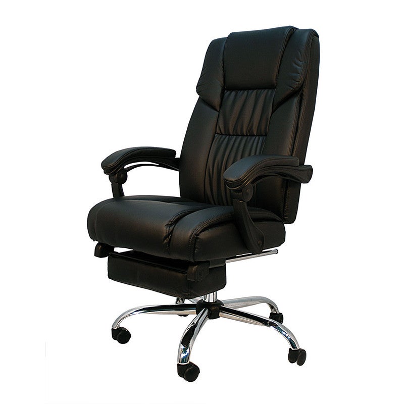 Silla de oficina con asiento en símil piel y base cromada. reposapiés extraíble y cojín multiposición, color negro. modelo samanta