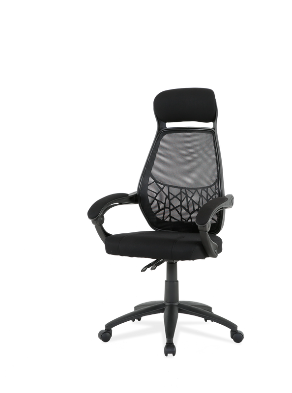 Silla de oficina con asiento textil, respaldo en rejilla transpirable y base de nylon, revistero incorporado, color negro. modelo érika
