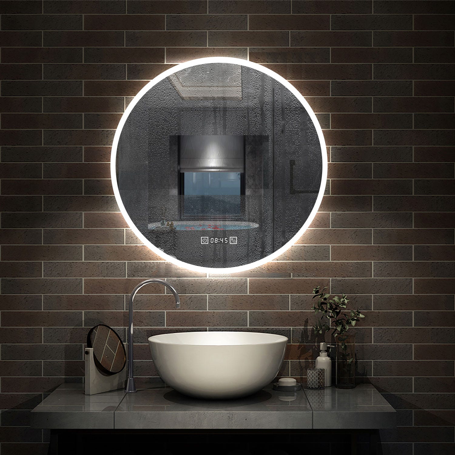 AICA Horloge tricolore LED miroir rond tactile anti-buée salle de bain  miroir 80x80cm