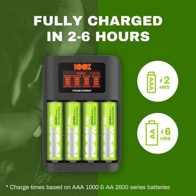 100% PeakPower - Chargeur 8 Piles Rechargeables AA et AAA avec 4