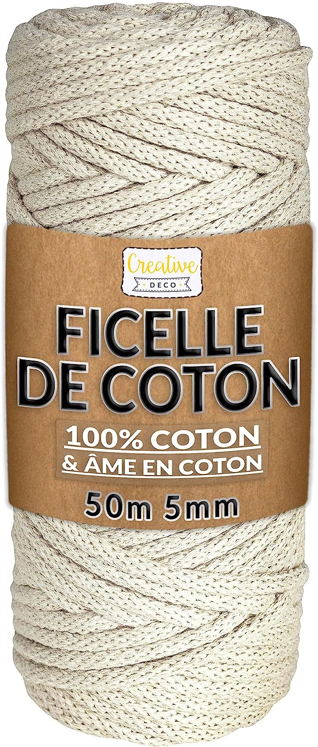 Creative Deco 5mm x 50m Corde Macramé Fil de Coton Ivoire, +/- 0.5mm  Épaisseur, Ficelle, Cuisine, Jardin, Decoration, Emballage Cadeau,  Bricolage