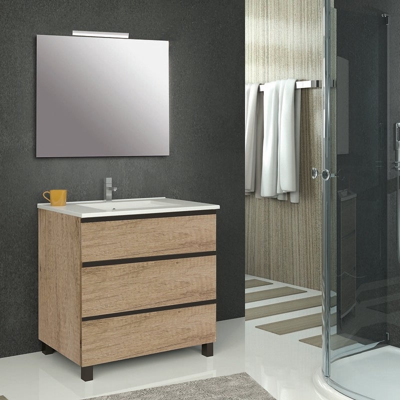 Pack Mueble Baño 1Cajón con Espejo NATURAL 80 cm Nogal Origin / Negro