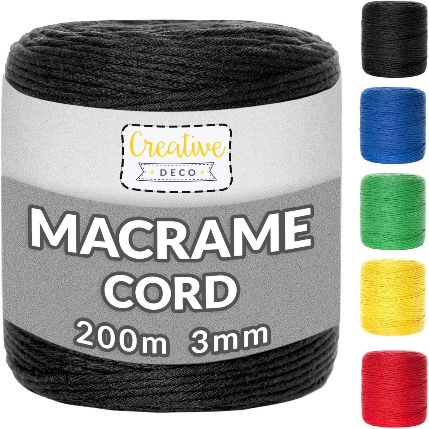 Creative Deco 3mm x 200m Corde Macramé Noir, Fil de Coton et Polyester, +/- 0.5 mm Épaisseur, Ficelle Cordelette Naturel, Decoration Bricolage