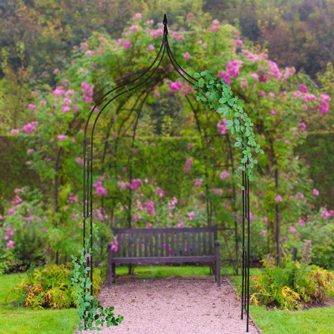 Relaxdays Arche à roses pour jardin avec banc 2 métal en métal arceau  colonne décoration HxlxP: 205 x 115 x 50 cm, gris
