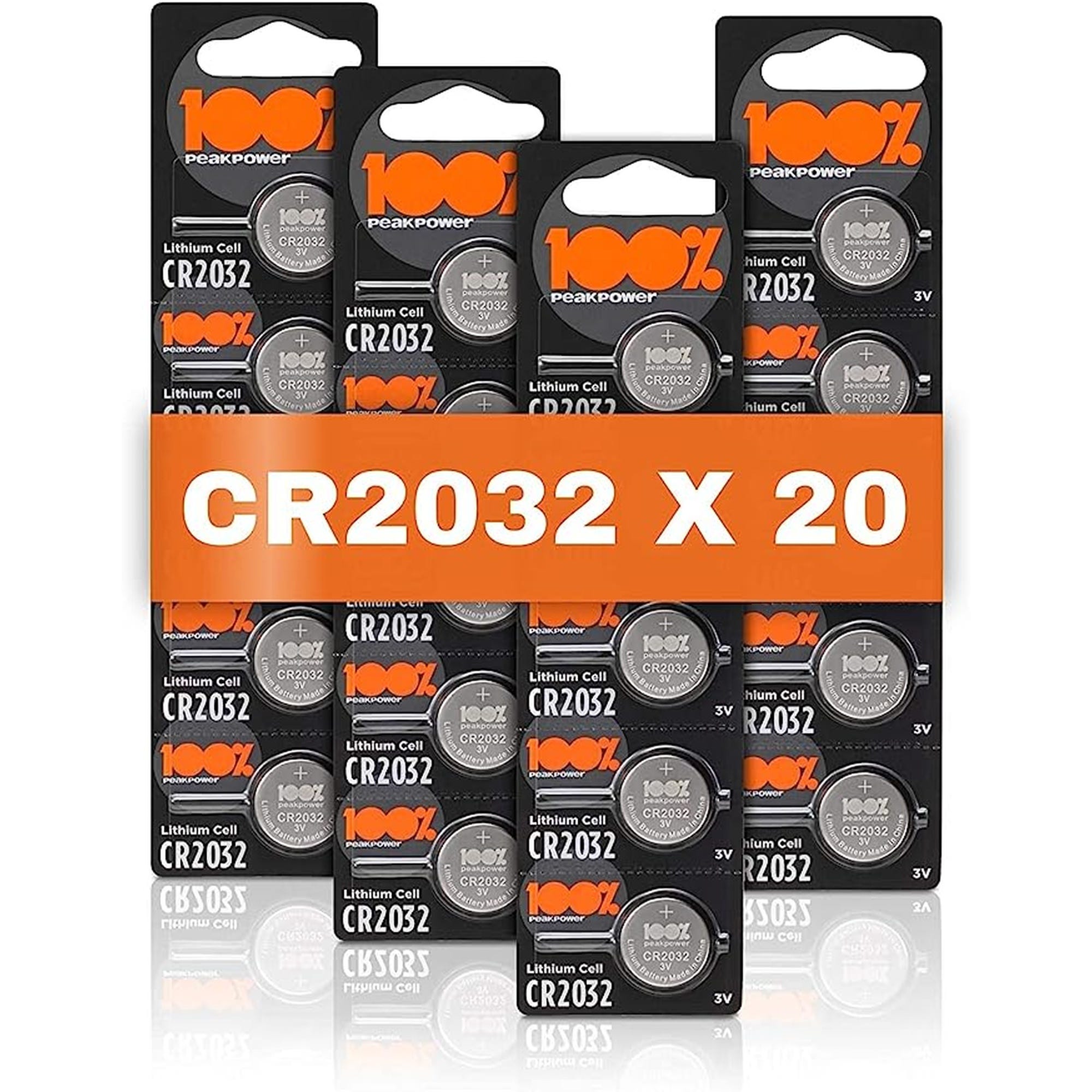 Piles CR2032 - Lot de 20, 100% PeakPower, Bouton Lithium CR 2032 3V-  Haute Performance pour dispositifs Portables et médicaux