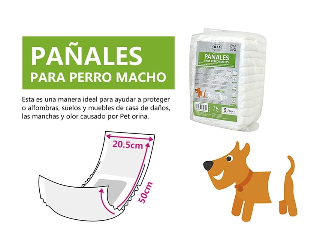 Pañales desechables para perros machos pañal sanitarios para perro mascotas  bragas higiénicas suaves absorbentes S (20.5x50cm) 24uds