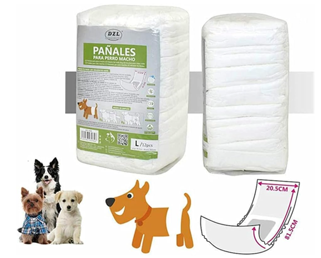 Pañales desechables para perros machos pañal sanitarios para perro mascotas  bragas higiénicas suaves absorbentes L (20.5x81.5cm) 24uds