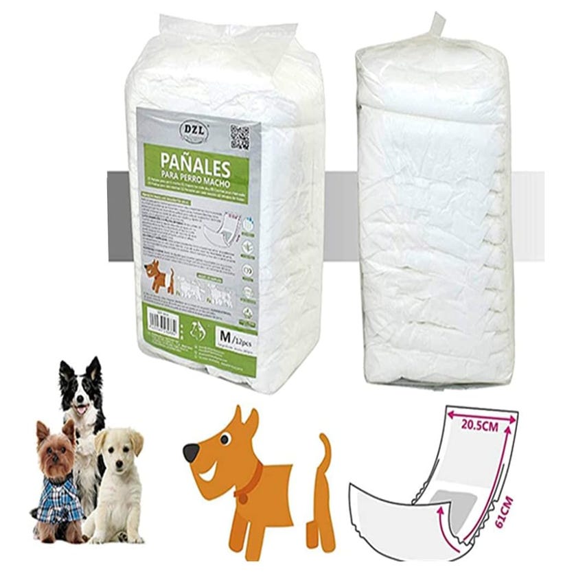 Pañales desechables para perros machos pañal sanitarios para perro mascotas  bragas higiénicas suaves absorbentes M (20.5x61cm) 36uds