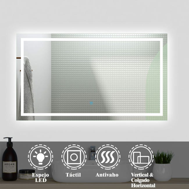 Espejo de baño LED 100 x 80 cm, suspensión vertical/horizontal, función  antivaho, botón táctil, blanco frío 6000k