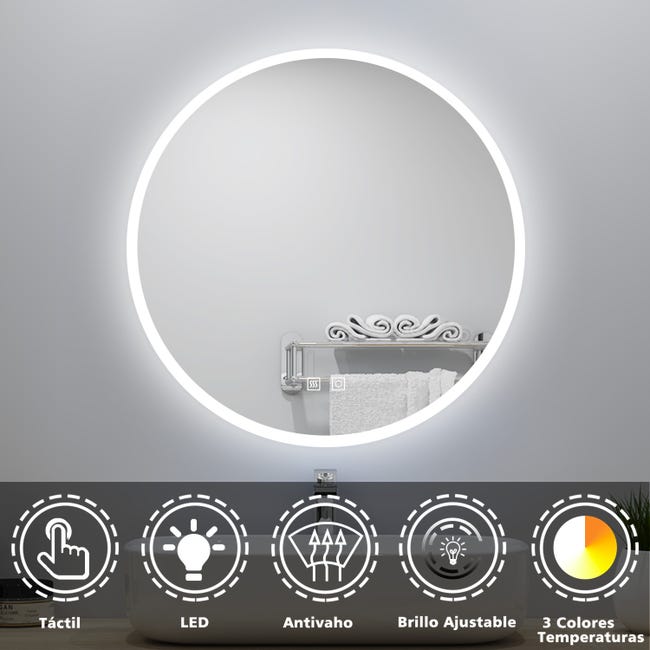 Espejo de baño, espejo de baño con luces, espejo de tocador LED, espejo  redondo de 24 × 24, decoración moderna de baño, espejos de pared,  antiniebla
