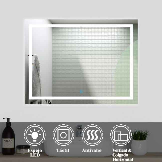 Espejo de baño LED 80 x 60 cm, suspensión vertical/horizontal, función  antivaho, botón táctil, blanco frío 6000k