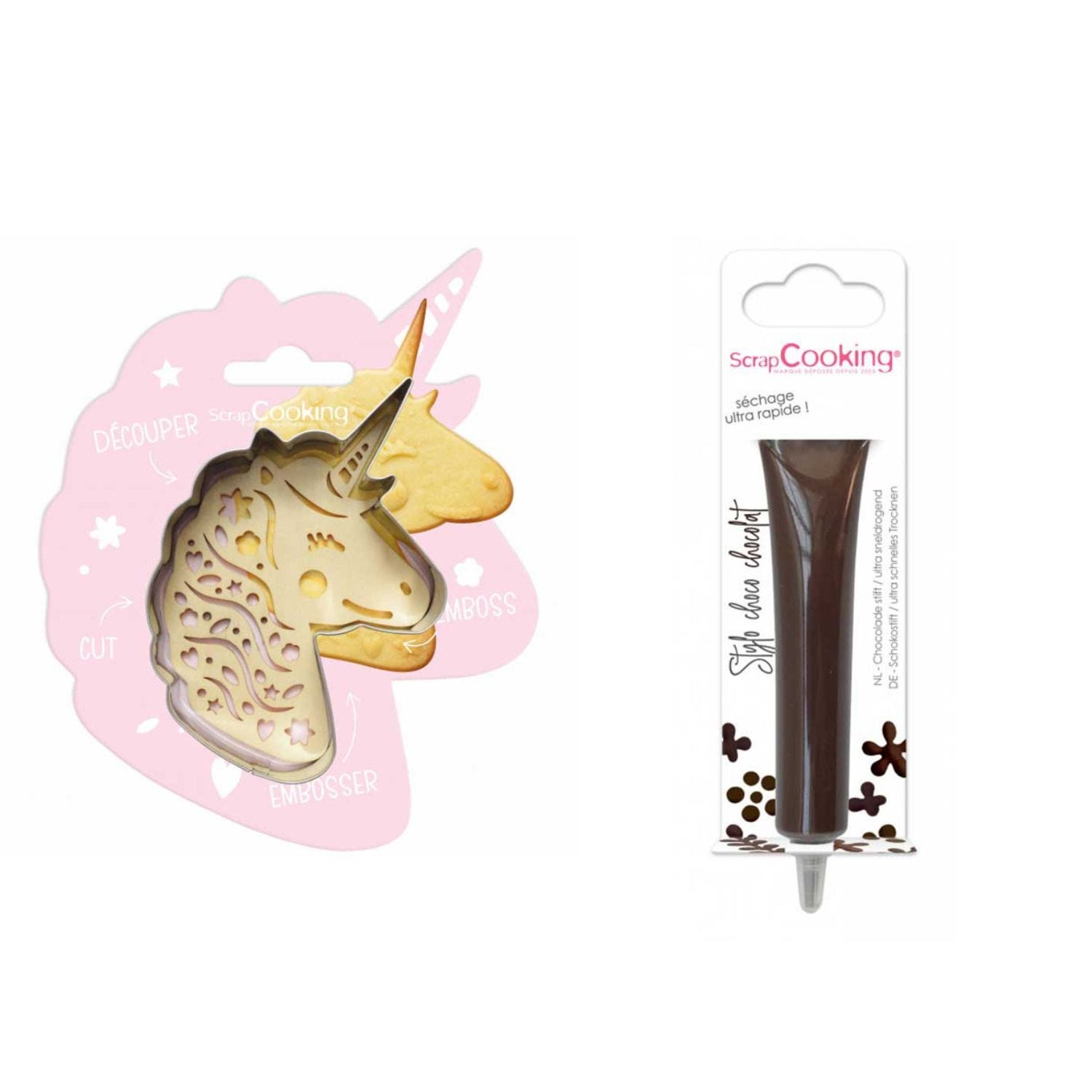 Kit biscotti a rilievo Unicorno + penna al cioccolato marrone