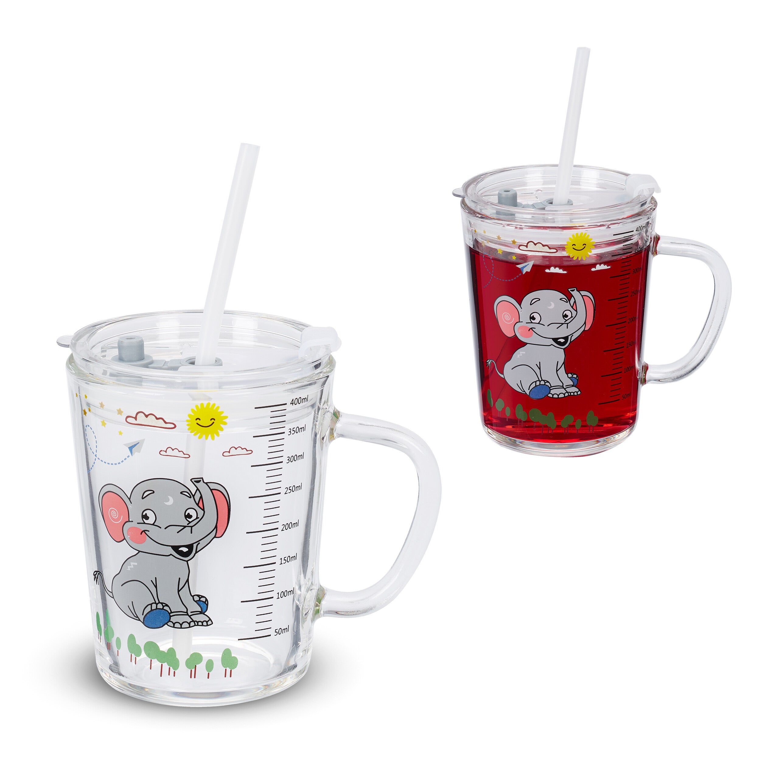 Relaxdays Set da 2 Tazze per Bambini, Vetro, Silicone, ABS, con Cannuccia,  Manico e Tappo, 400 ml, Elefante, Trasparente