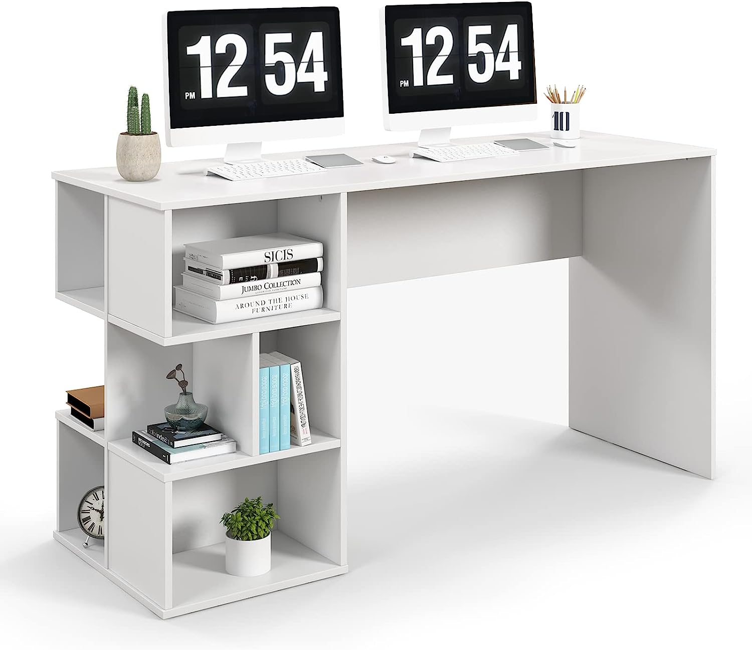 Bolg Bureau design moderne 140x60 blanc avec étagères ouvertes