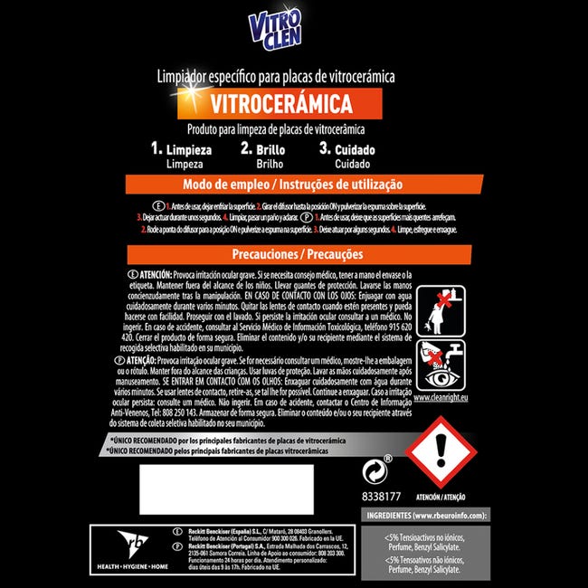 Limpiador de Vitroceramica en Spray 3 en 1 Vitroclean 450 ml Vitroclean