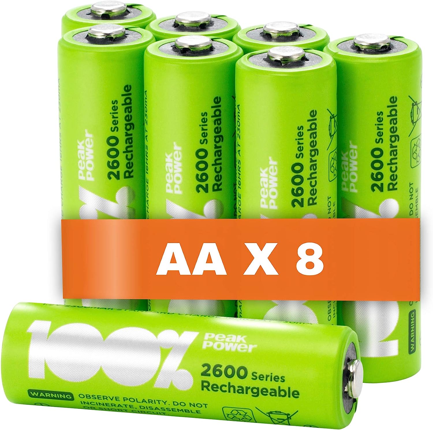 Piles Rechargeables AA - Lot de 8 Piles, 100% PEAKPOWER, Batteries AA LR6  Rechargeables 1.2v Minh 2300 mAh, Pré-Chargées