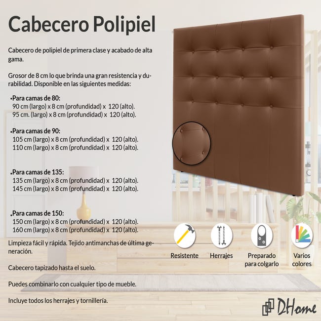DHOME Cabecero de Polipiel con Botones 135x105cm con Patas Camas 120/135 -  Chocolate