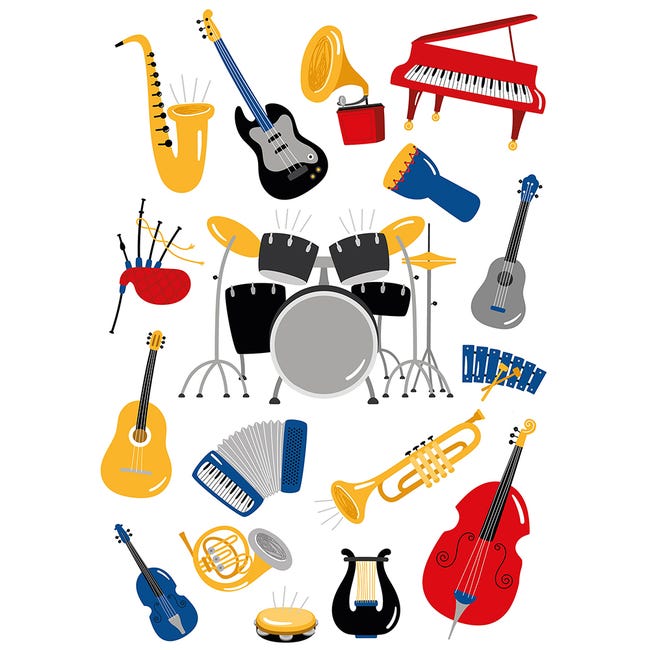 Stickers y vinilos decorativos infantiles, instrumentos musicales coloridos  en caricatura blanca, 68 cm x 48 cm