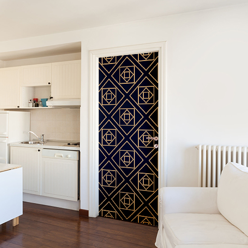 Pegatina de la puerta, pegatina pegatina dorada y patrón azul para puertas, 204 cm x 83 cm