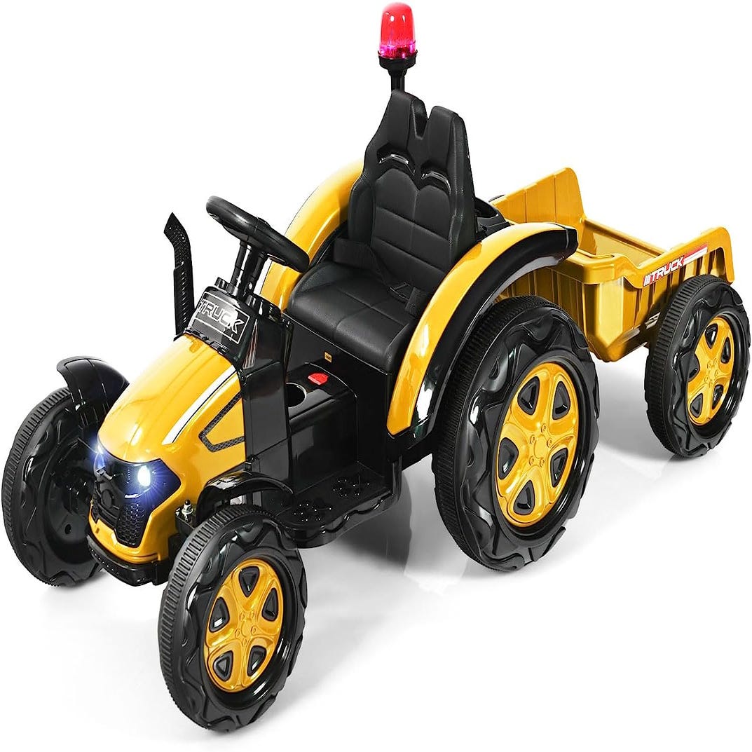 Tracteur électrique alimenté par batterie pour enfants 12 V 7 Ah avec  remorque pour tout-petits sur le sol avec 2 vitesses 7 lumières LED Pneus  audio USB avec télécommande sans fil 2,4 GHz 