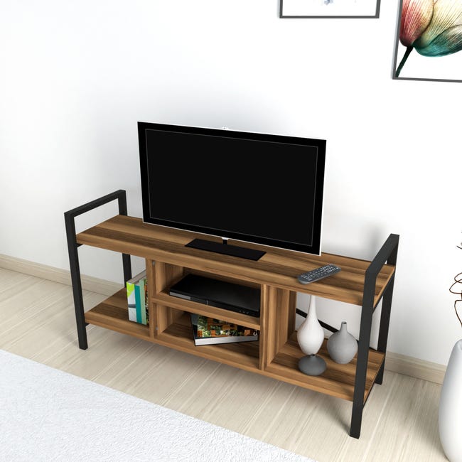 Mesa TV Salon,Mueble TV hierro madera contrachapada roble marrón 161x35x45  cm -CD82142
