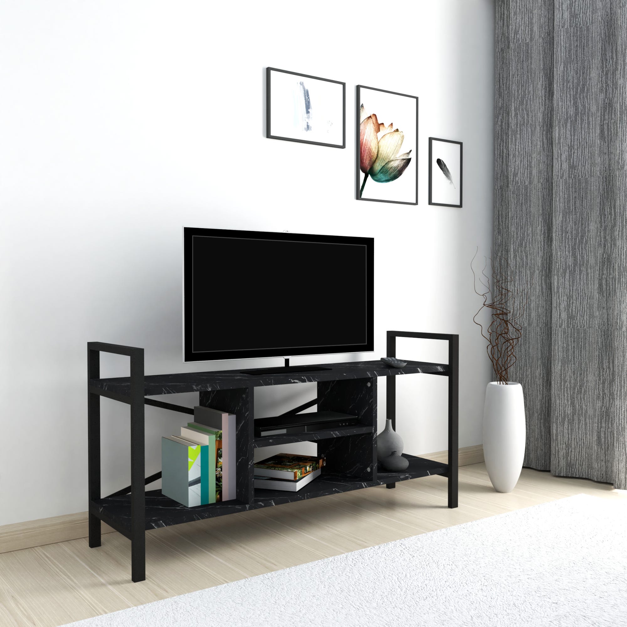 Meuble TV Rollo 180 cm à poser/suspendre panneau stratifié noir