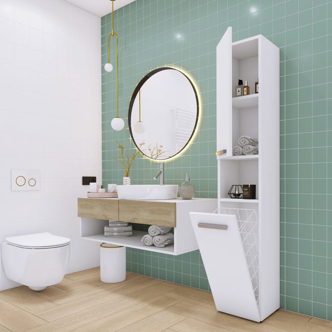 HORTI - Meuble salle de bain avec panier à linge - 31x30x174cm