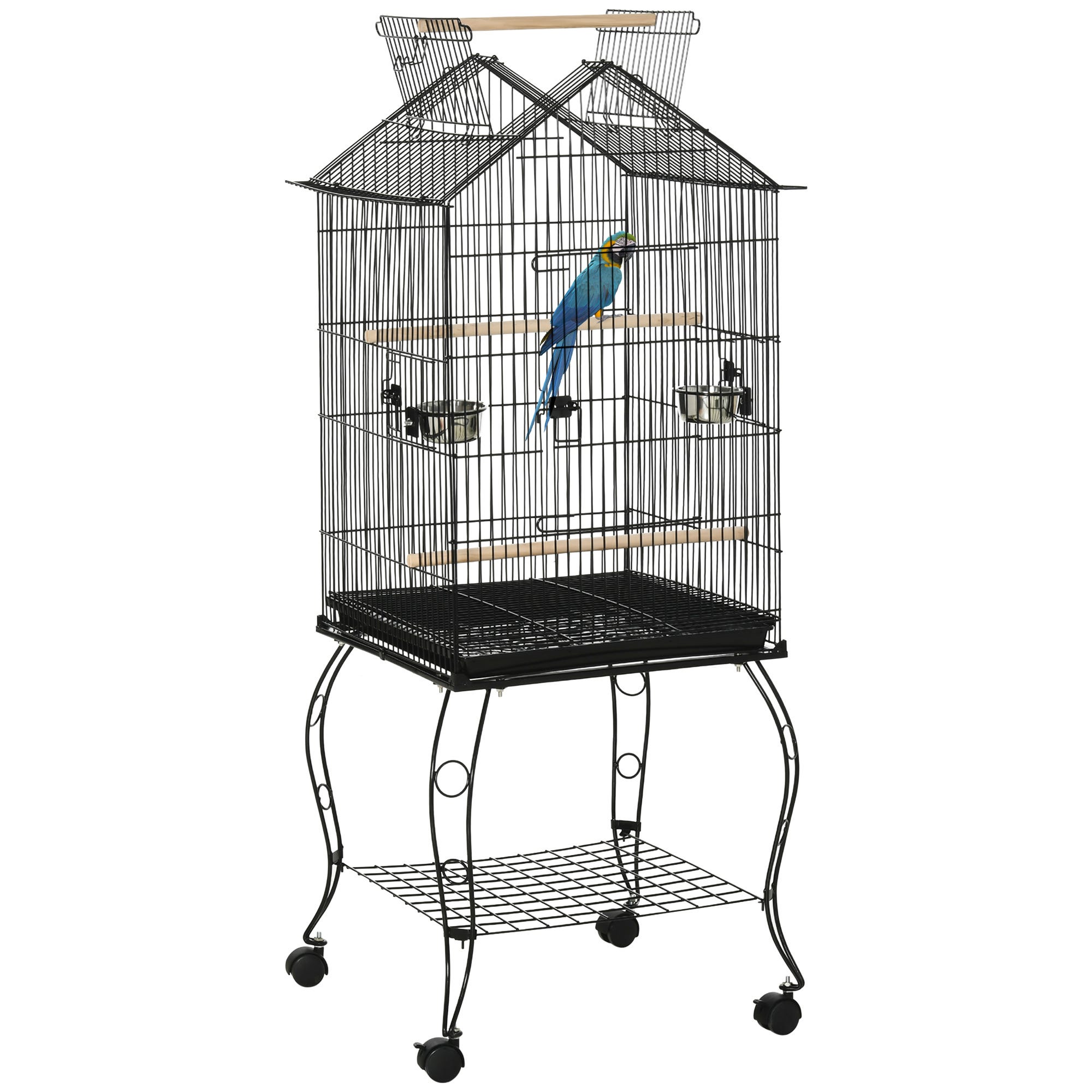 Cage à oiseaux sur pied 2 mangeoires 50 x 58 x 137-145 cm noir