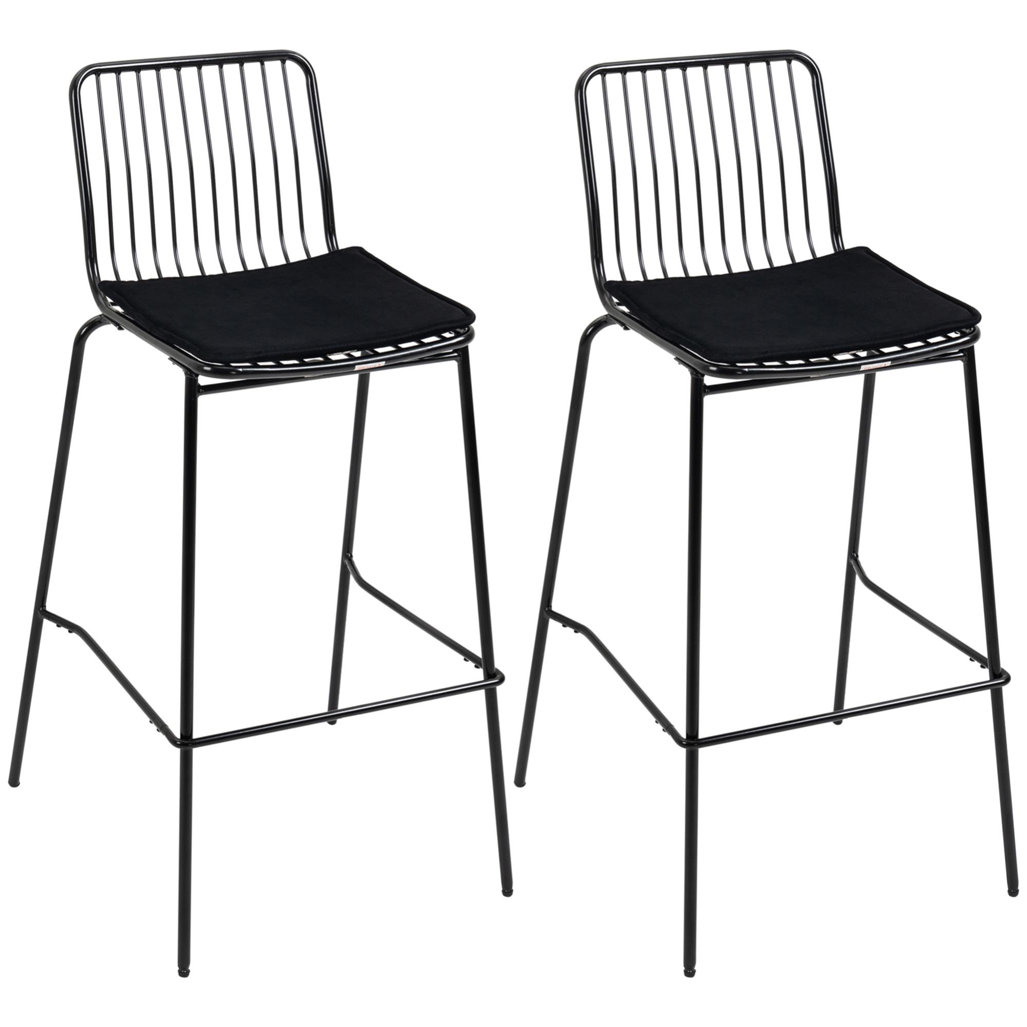 Lot de 2 chaises de bar design métal filaire avec coussin noir Leroy