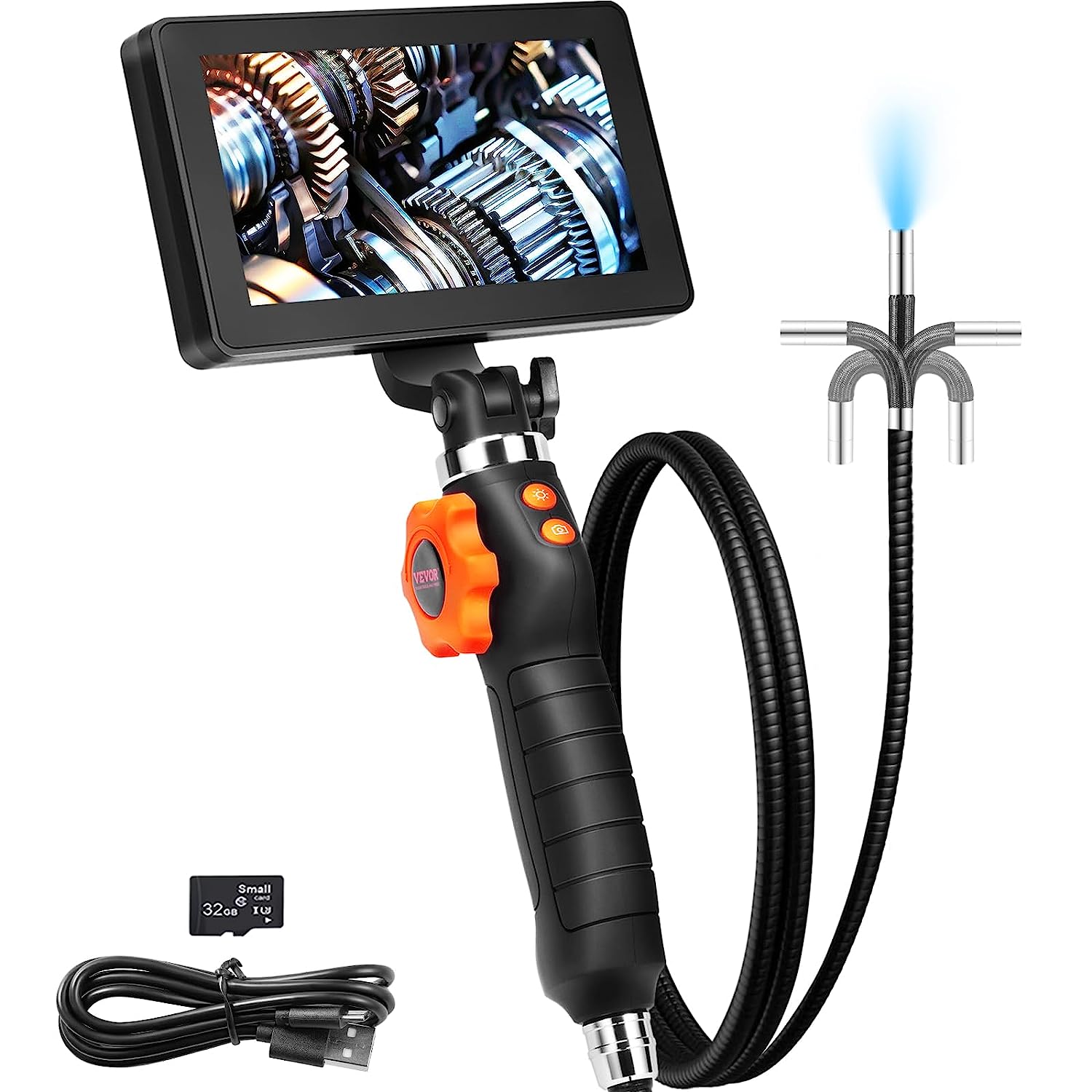 Camera Endoscope avec Ecran 4.3' Pouces - Câble Flexible 5 m - Etanche IP68  - Lentille 8 LEDs 3 Intensites - Video et Photo Full HD 1080P - 3 Embouts
