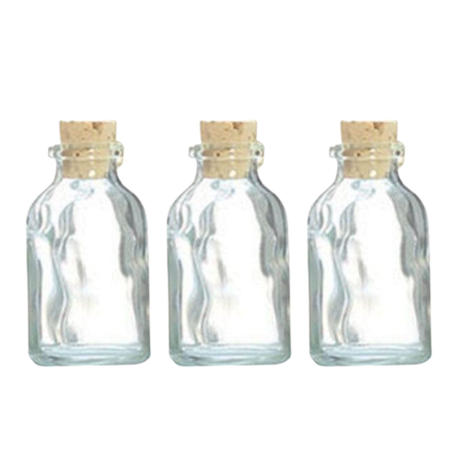 3 mini bottiglie di vetro da 6 cm con tappo in sughero