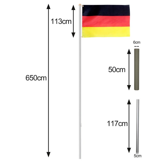 Mât alu drapeau Allemagne 650 cm hampe jardin mât de hissage