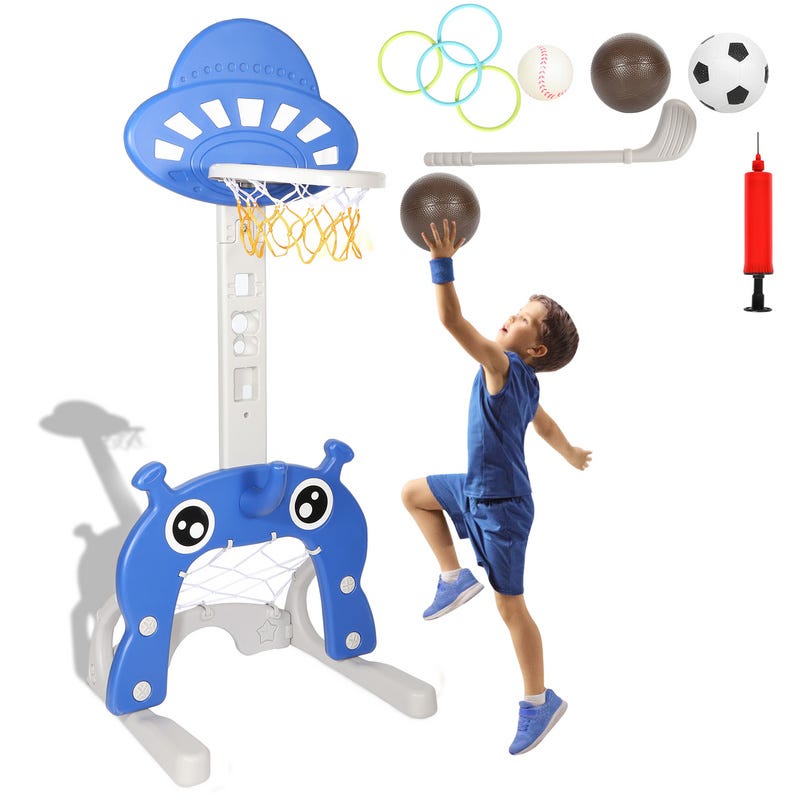 Panier de Basket pour Enfant,3 en 1 Centre d'Activité Sportives avec  Basketball, Football, Hauteur Réglable, Rack de Jeu Cloud Bleu Clair
