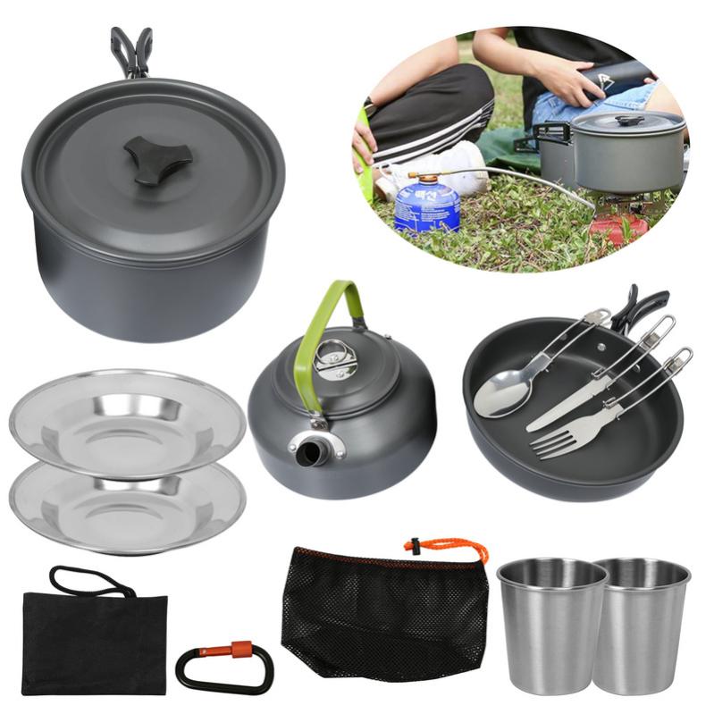 Kit De Casseroles Camping Léger Pour 2-3 Personnes – Casserole, Poêle, Théière, Couverts En Acier Inoxydable | Parfait Randonnée, Pêche