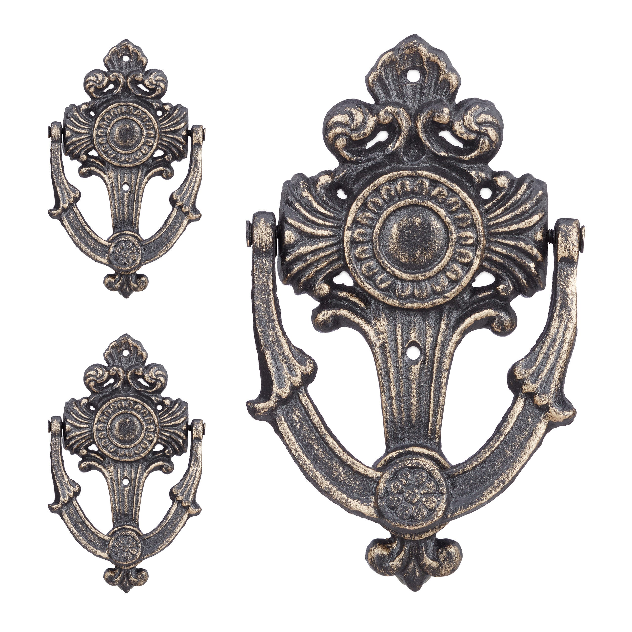 Heurtoir de porte, lot 3, sonnette, carillon, antiquité, fonte, style  Moyen-âge, HxlxP: 18 x 10 x 4 cm, entrée, bronze