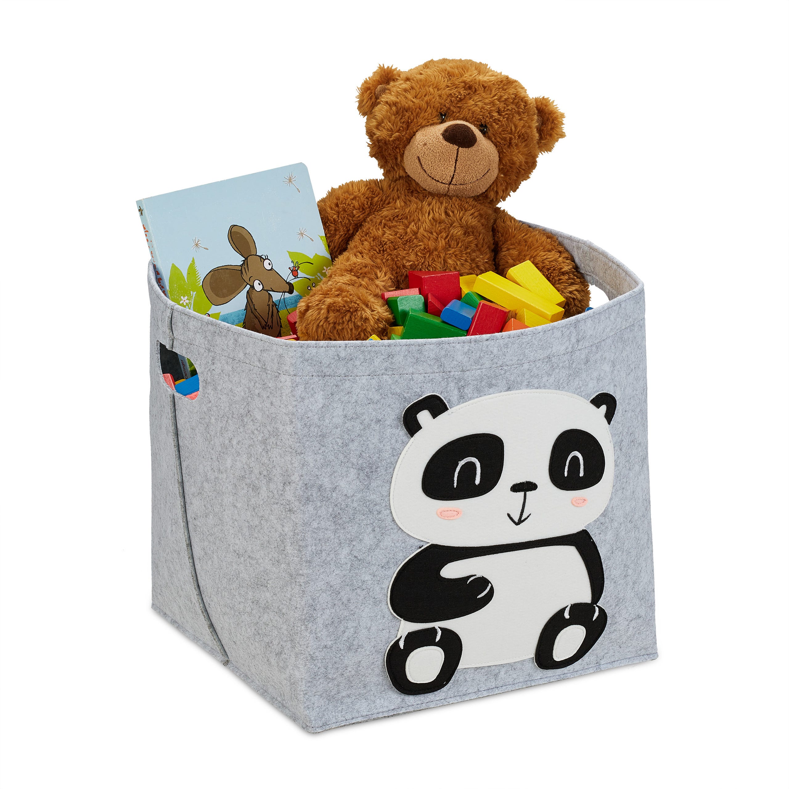 Relaxdays Panier de rangement en feutre, motif panda, caisse tissu pour  enfant, HxLxP : 33x34x32 cm, coffre jouets, gris