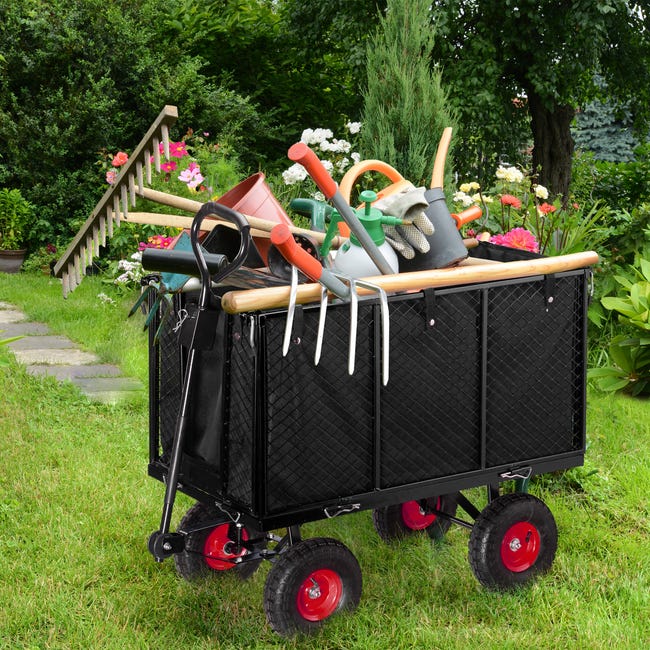 Relaxdays Chariot de jardin, parties latérales rabattables, bâche amovible  avec poignées, 500 kg, noir/rouge