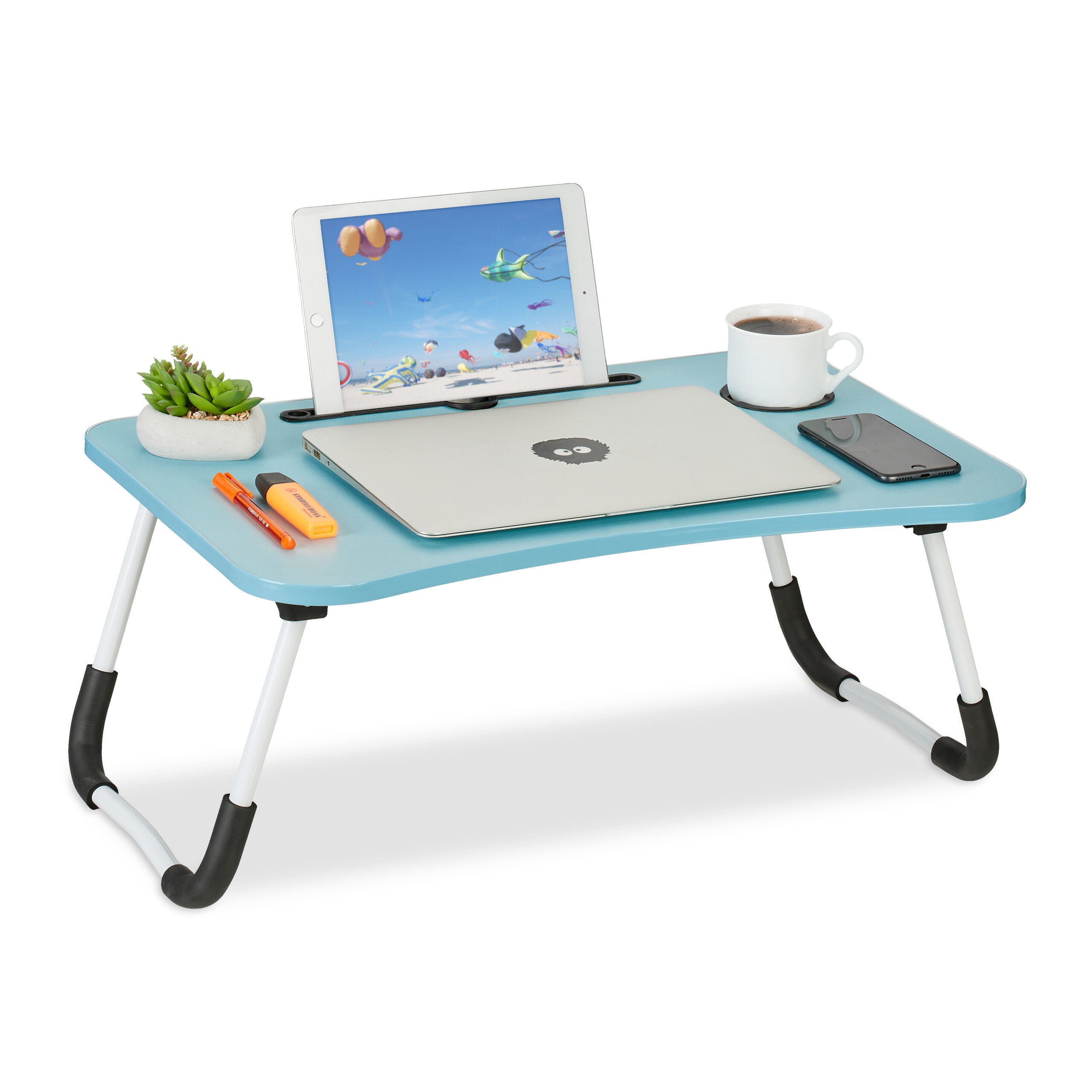 Relaxdays Table lit et canapé ordinateur portable, porte-tablette, encoche  gobelet, HxLxP : env. 26x63x40 cm, bleu/blanc