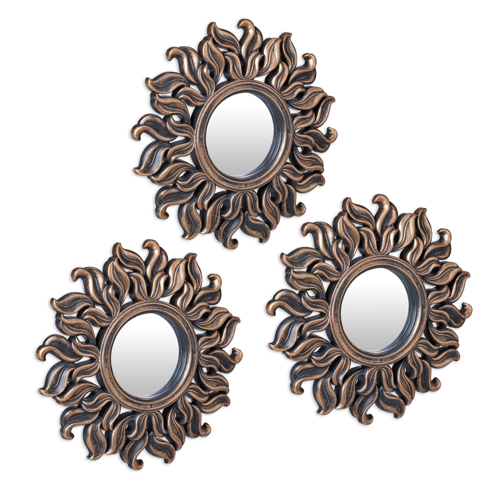 Relaxdays Set Di 3 Specchi Decorativi A Forma Di Fiore: Da Parete, Cornice In Plastica Nero E Oro, Diametro 25 Cm, Per Soggiorno E Ingresso.
