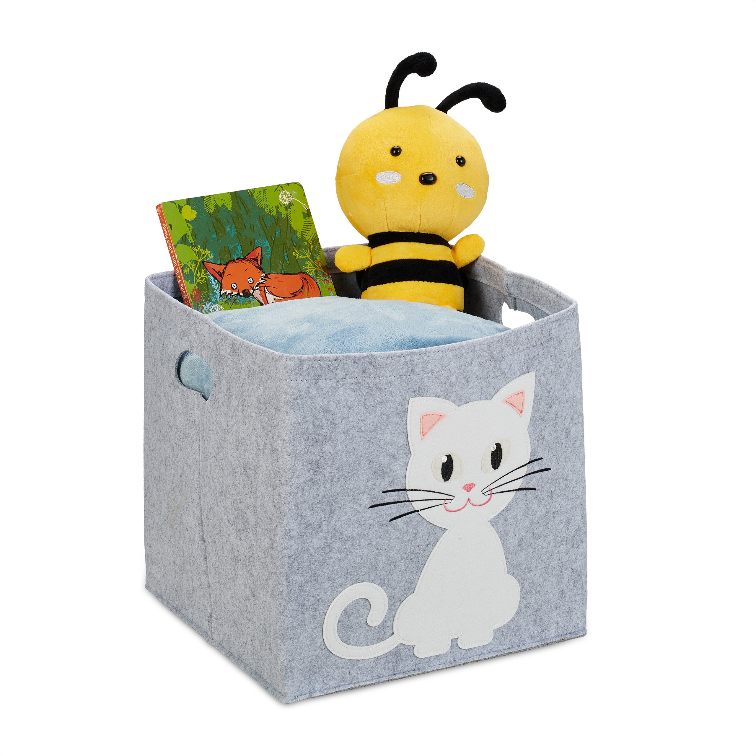 Relaxdays Bac de rangement pour enfants, motif chat, HxLxP : 33x33x33 cm,  boîte en tissu, panier à jouets, beige/gris